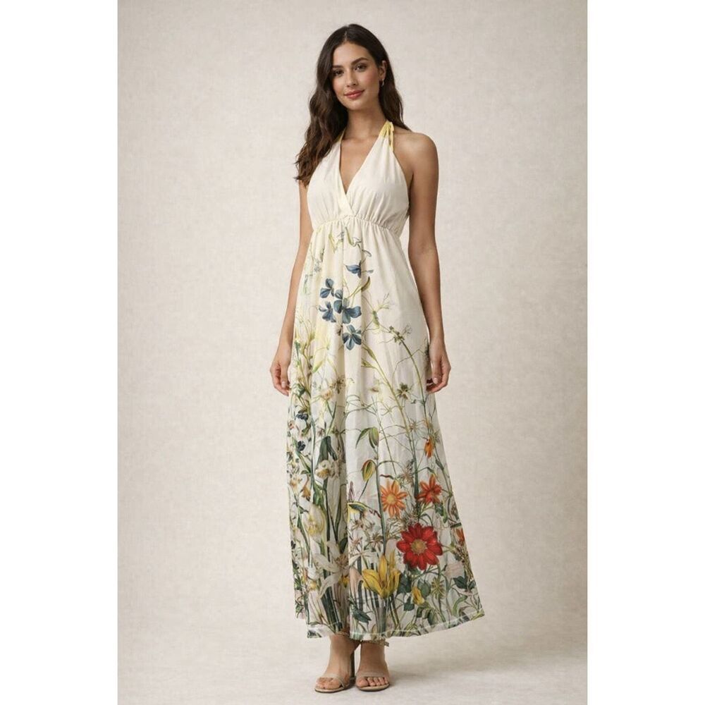 Rinascimento Made in Italy Floral Maxi Dress – Yellow & Ivory Halter – M